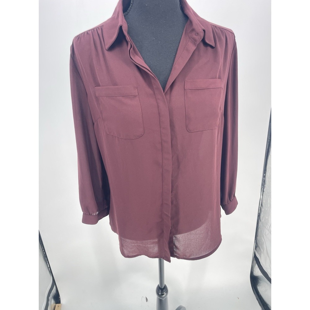 Women's‎ New York & Co Burgundy Button Down Sheer Blouse S Bin12